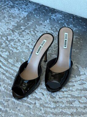 Steve Madden Patent Leather Open Toe Mules in Black